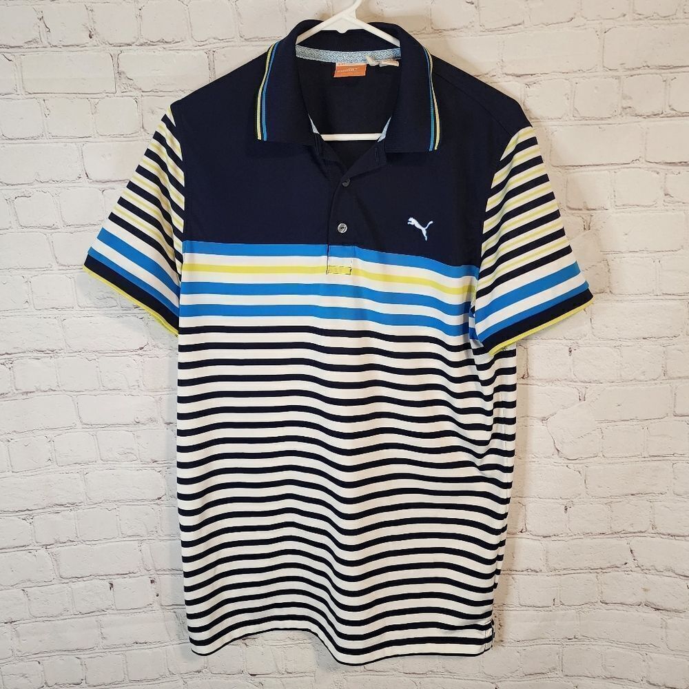 Puma Men's Navy Striped Polo Shirt, size Large